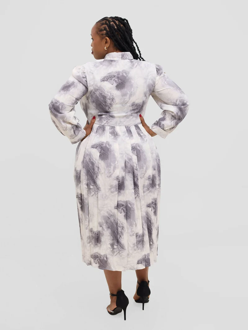 Hessed Tie Neck floral pleated Long Sleeve Dress - Black