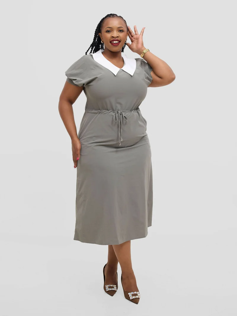 Hessed Peter Pan Collar Drawstring Dress - Grey