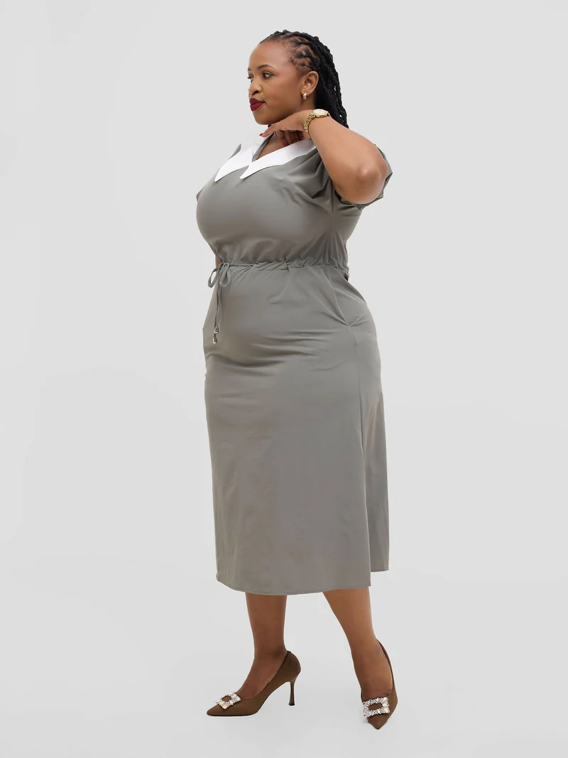 Hessed Peter Pan Collar Drawstring Dress - Grey