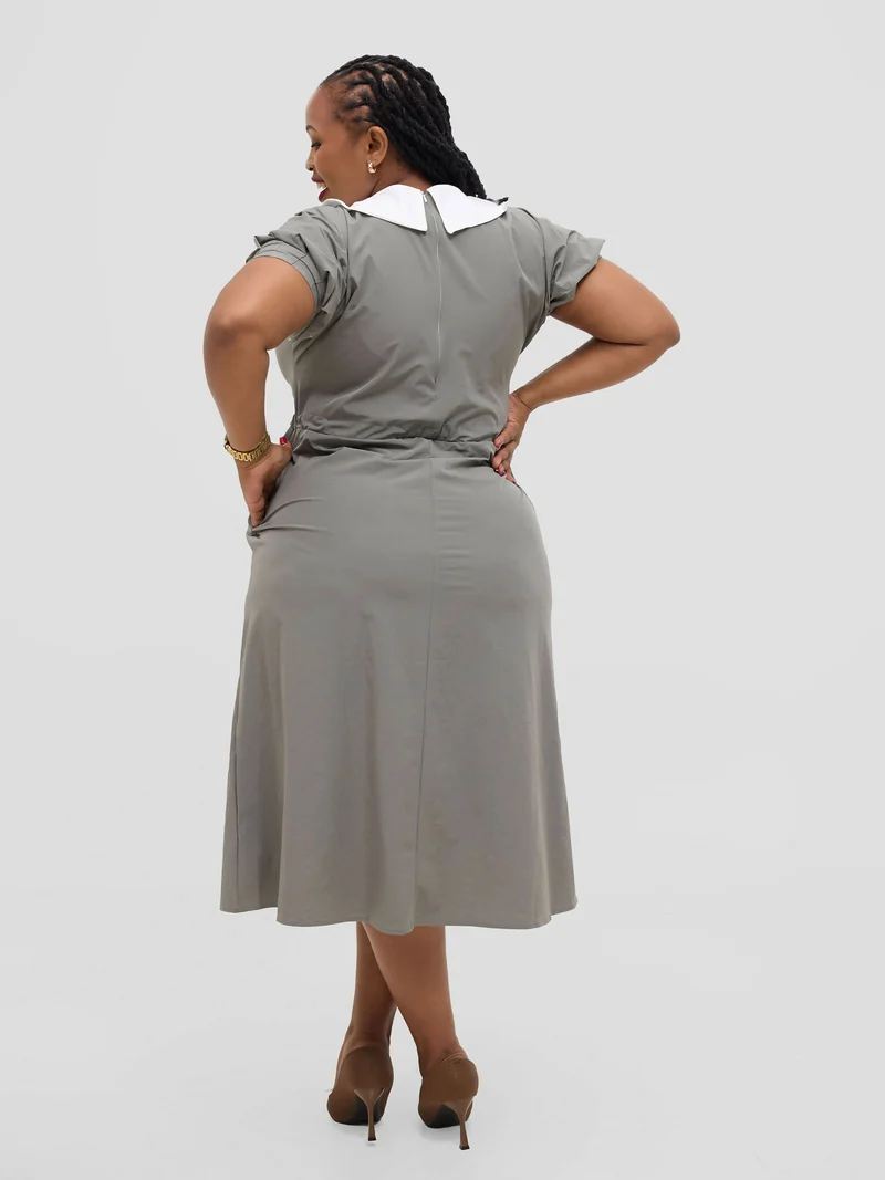 Hessed Peter Pan Collar Drawstring Dress - Grey