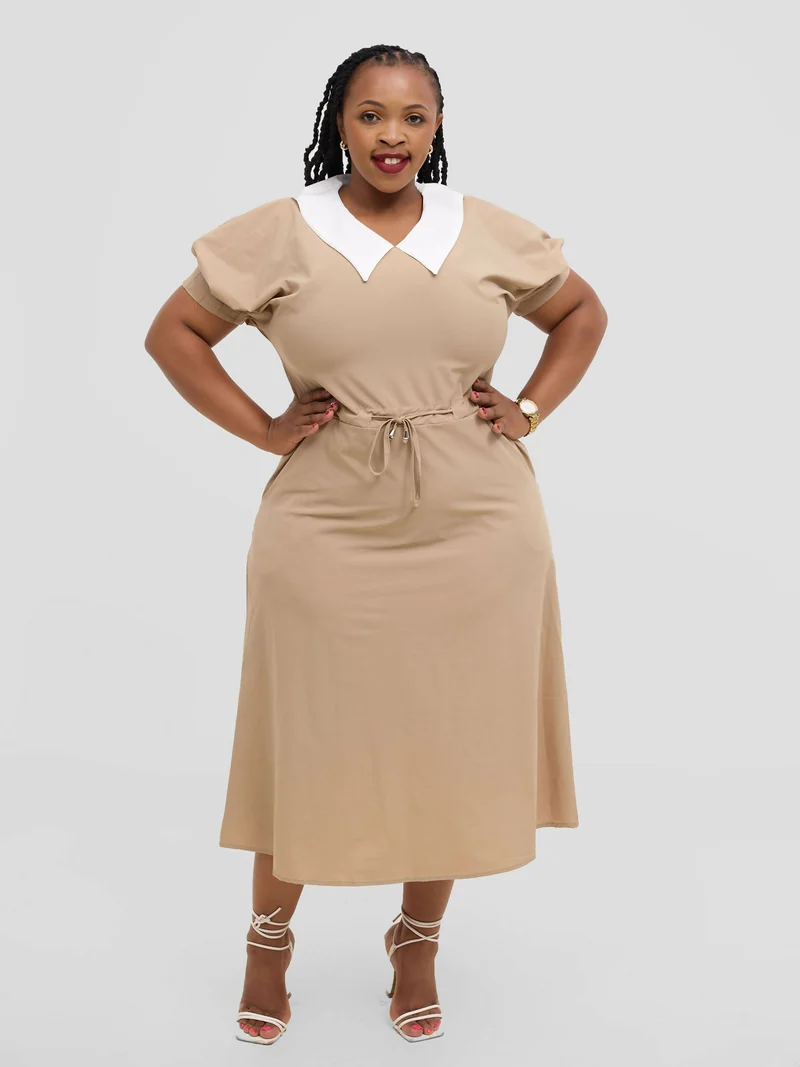 Hessed Peter Pan Collar Drawstring Midi Dress - Beige