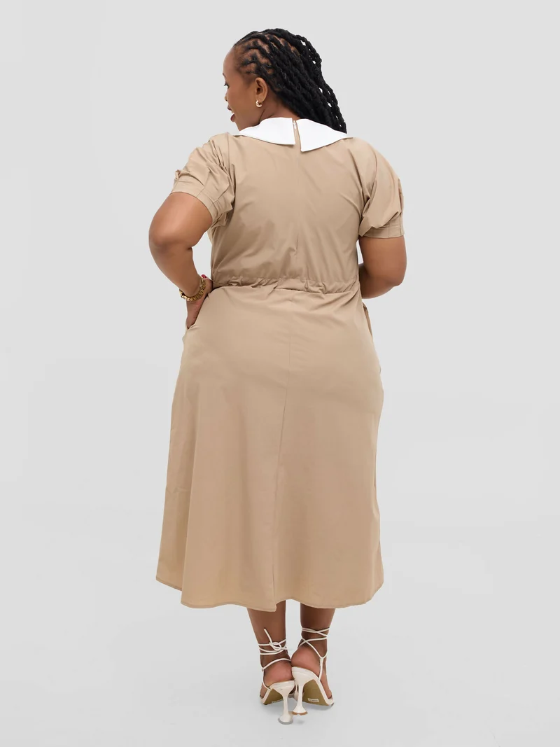 Hessed Peter Pan Collar Drawstring Midi Dress - Beige