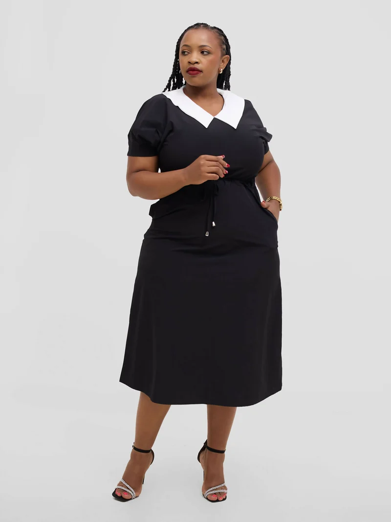 Hessed Peter Pan Collar Drawstring Dress - Black