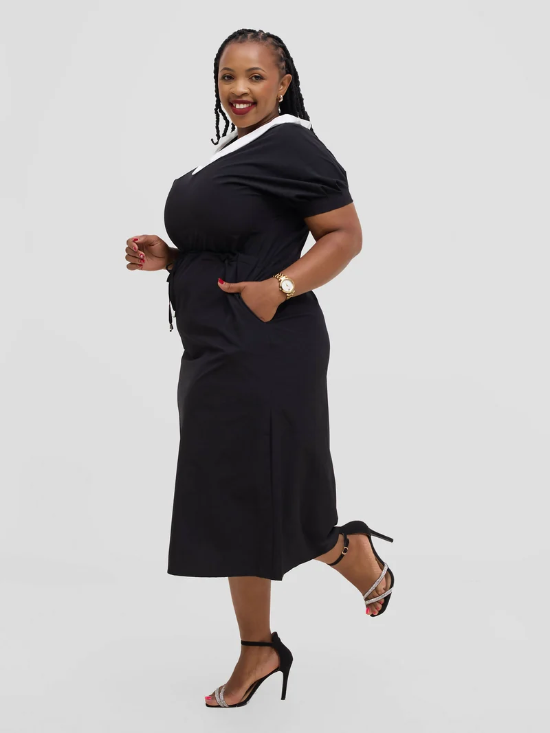 Hessed Peter Pan Collar Drawstring Dress - Black