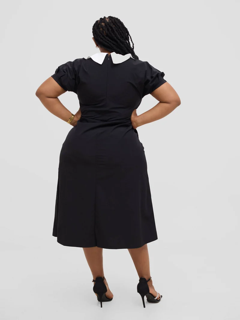 Hessed Peter Pan Collar Drawstring Dress - Black