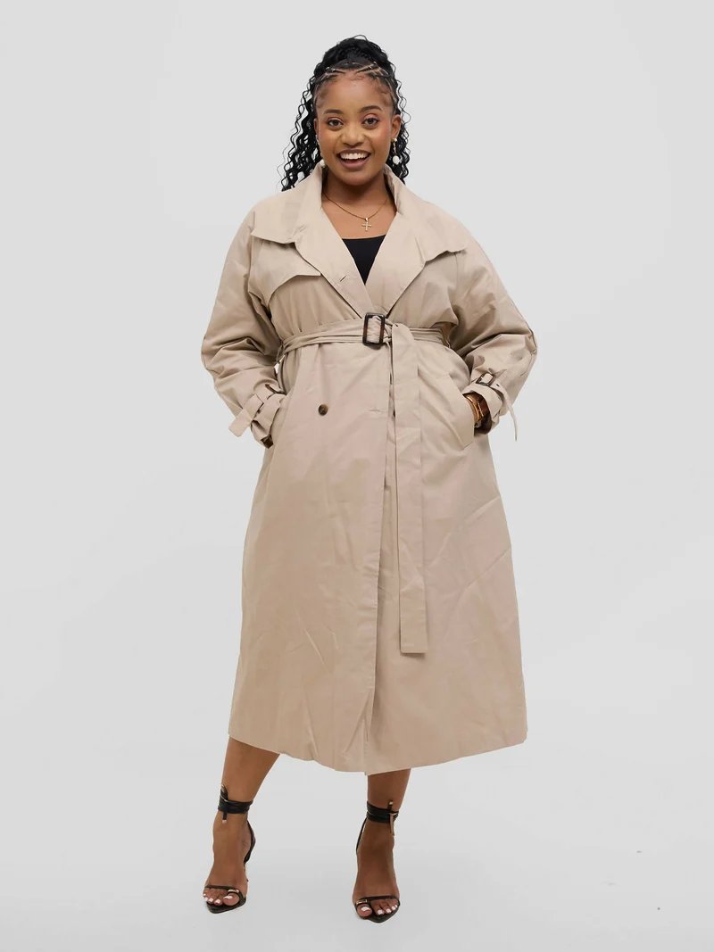 Hessed Double Breasted Buttoned & Belt Trench Coat - Beige