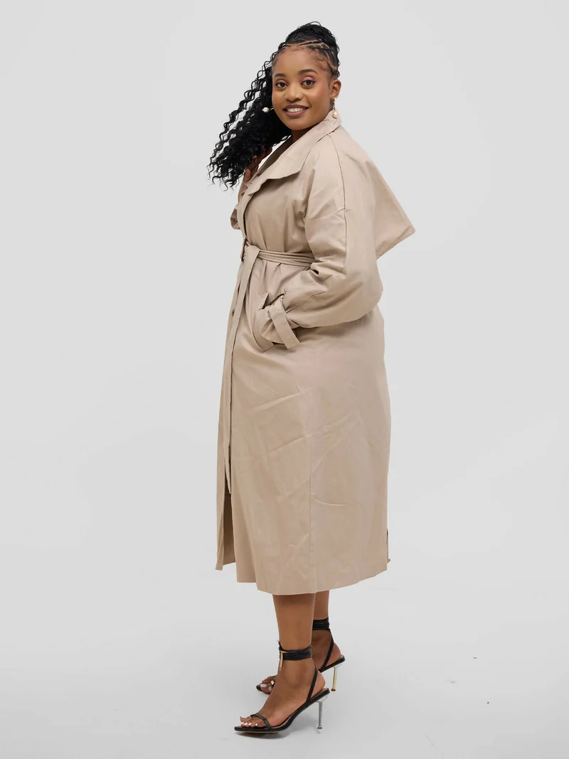Hessed Double Breasted Buttoned & Belt Trench Coat - Beige