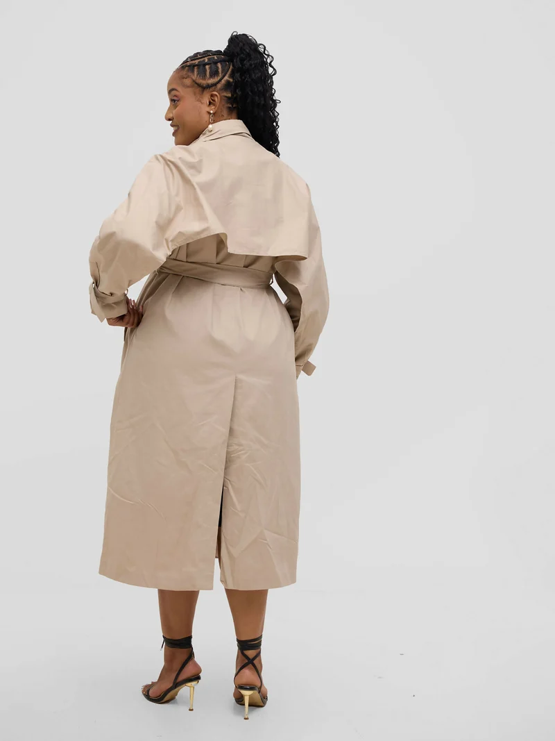 Hessed Double Breasted Buttoned & Belt Trench Coat - Beige