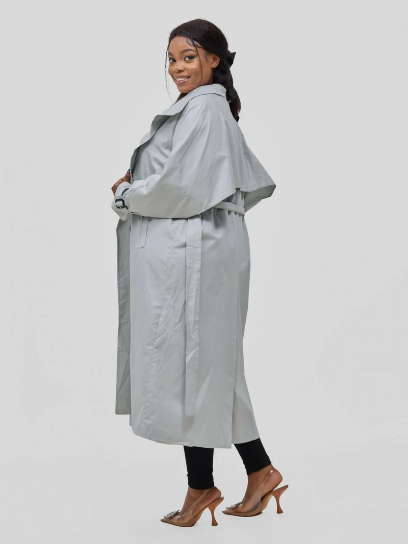 Hessed Double Breasted Buttoned & Belt Trench Coat - Blue