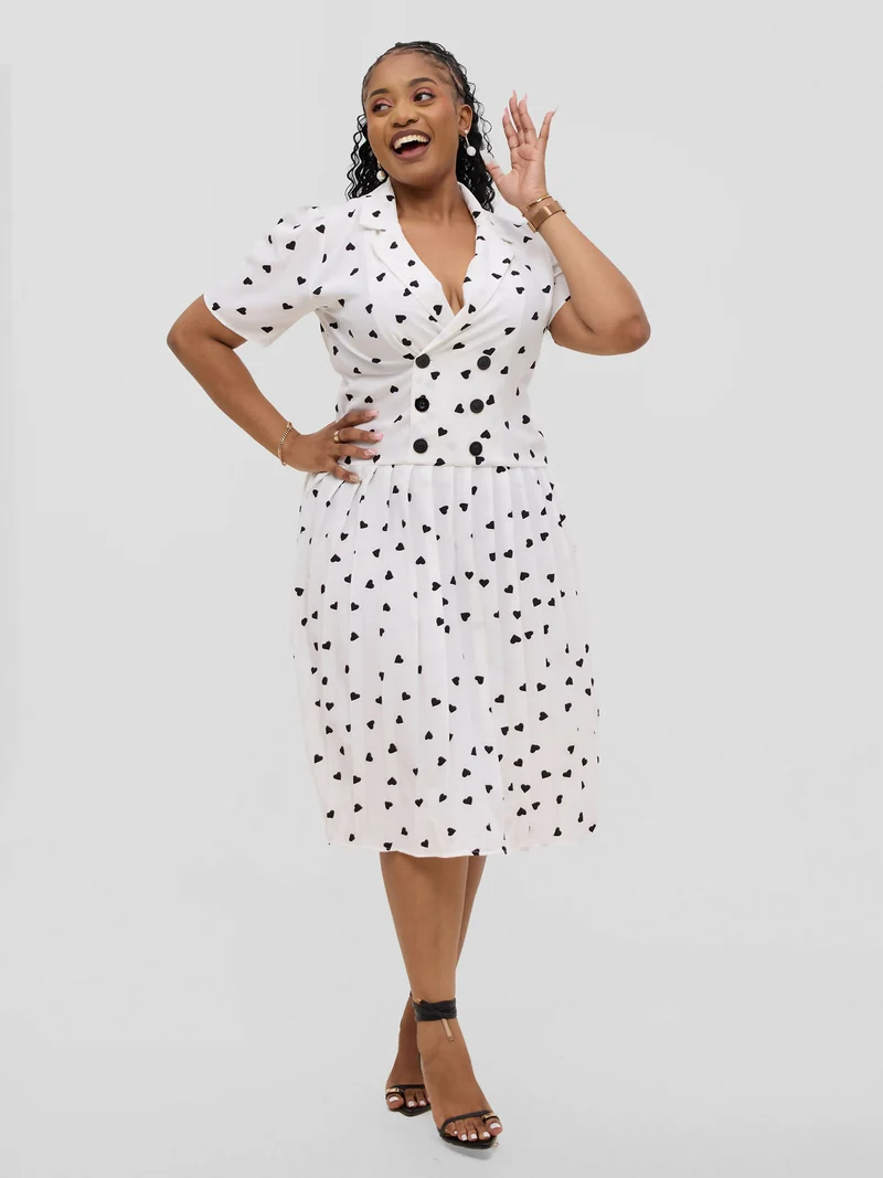 Hessed Short Sleeved Pleated Buttoned Wrap Dress - White / Black