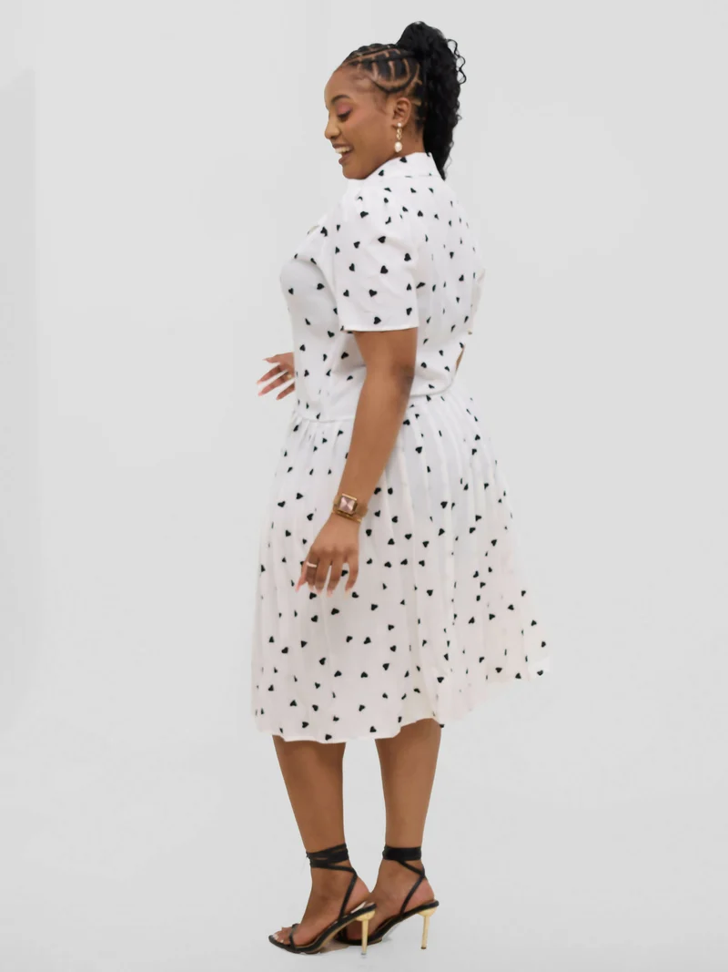 Hessed Short Sleeved Pleated Buttoned Wrap Dress - White / Black