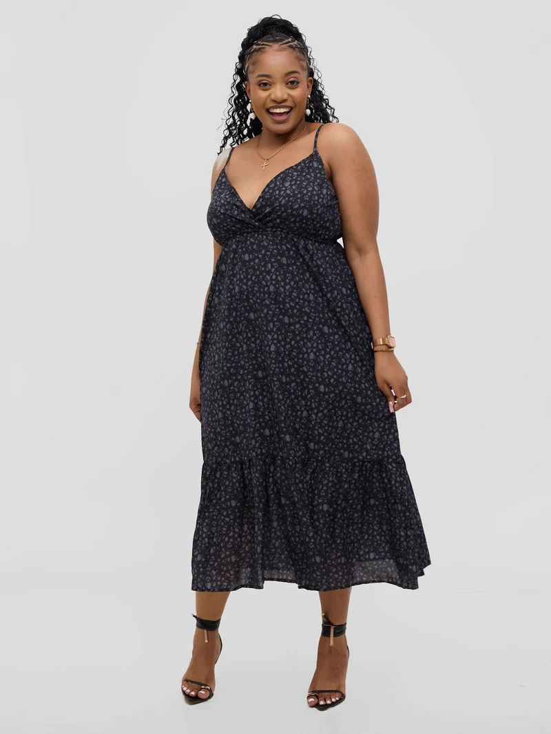 Hessed V-neck Midi Sleeveless Dress - Black