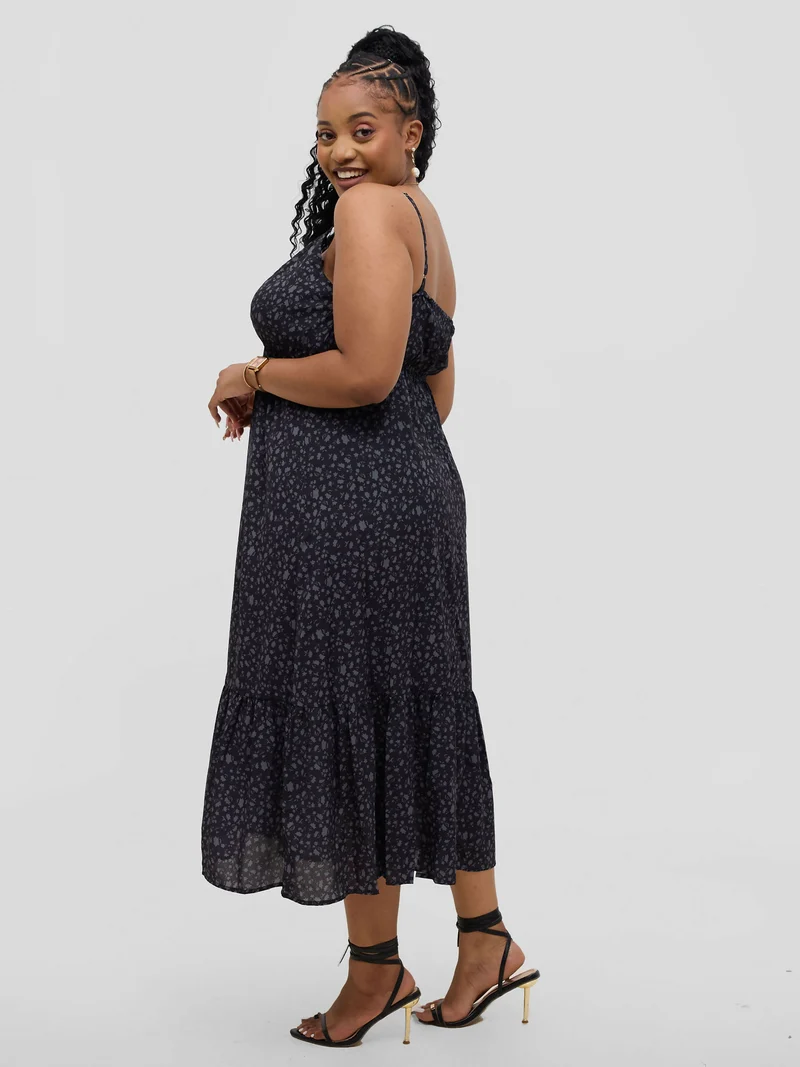 Hessed V-neck Midi Sleeveless Dress - Black