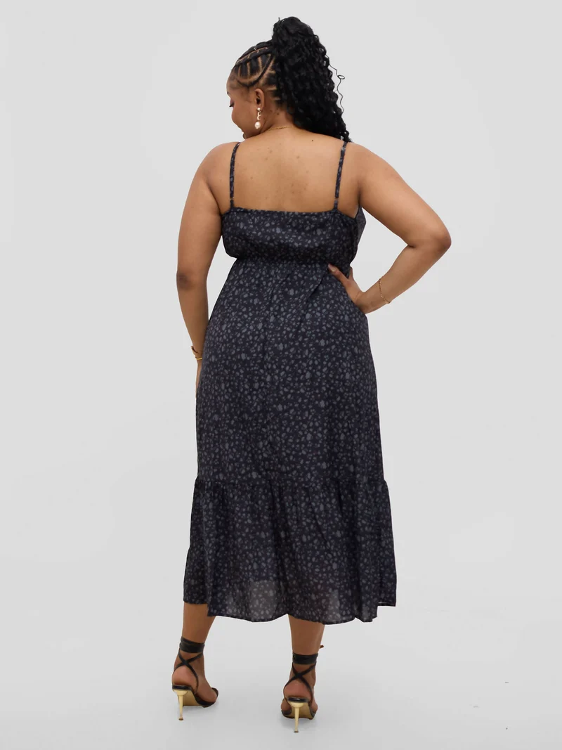 Hessed V-neck Midi Sleeveless Dress - Black