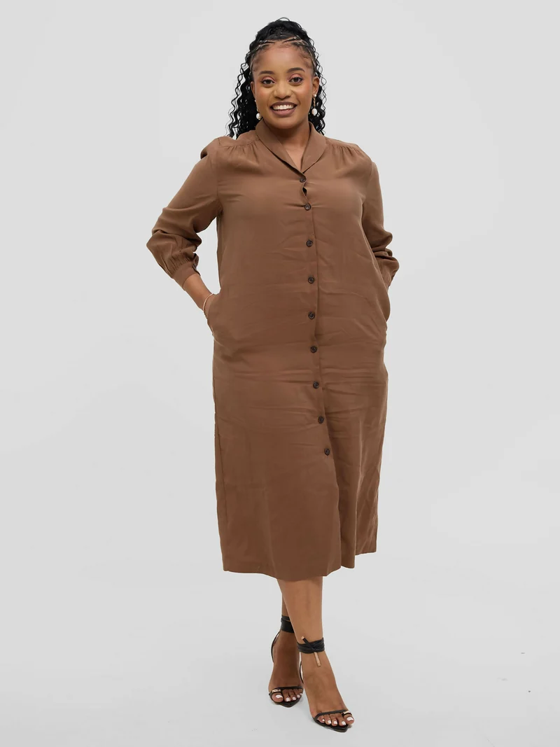 Hessed Long Sleeved Down Buttoned Dress - Brown