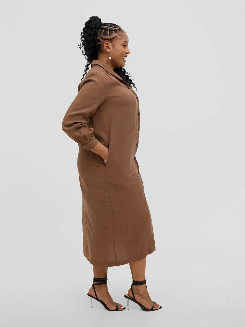 Hessed Long Sleeved Down Buttoned Dress - Brown