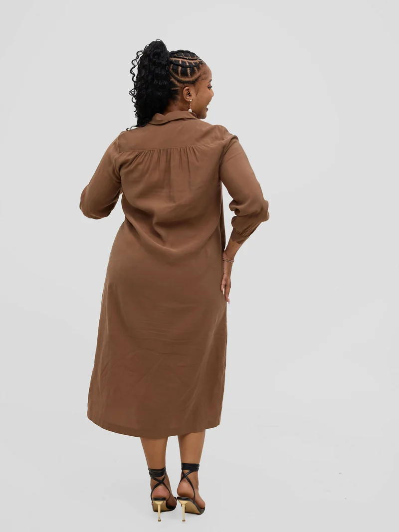Hessed Long Sleeved Down Buttoned Dress - Brown