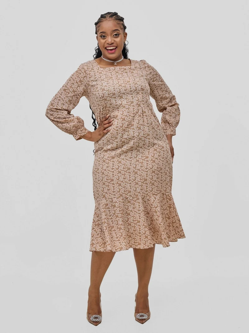 Hessed Square Neck Long Sleeves Floral Print Fit & Flare Dress - Brown