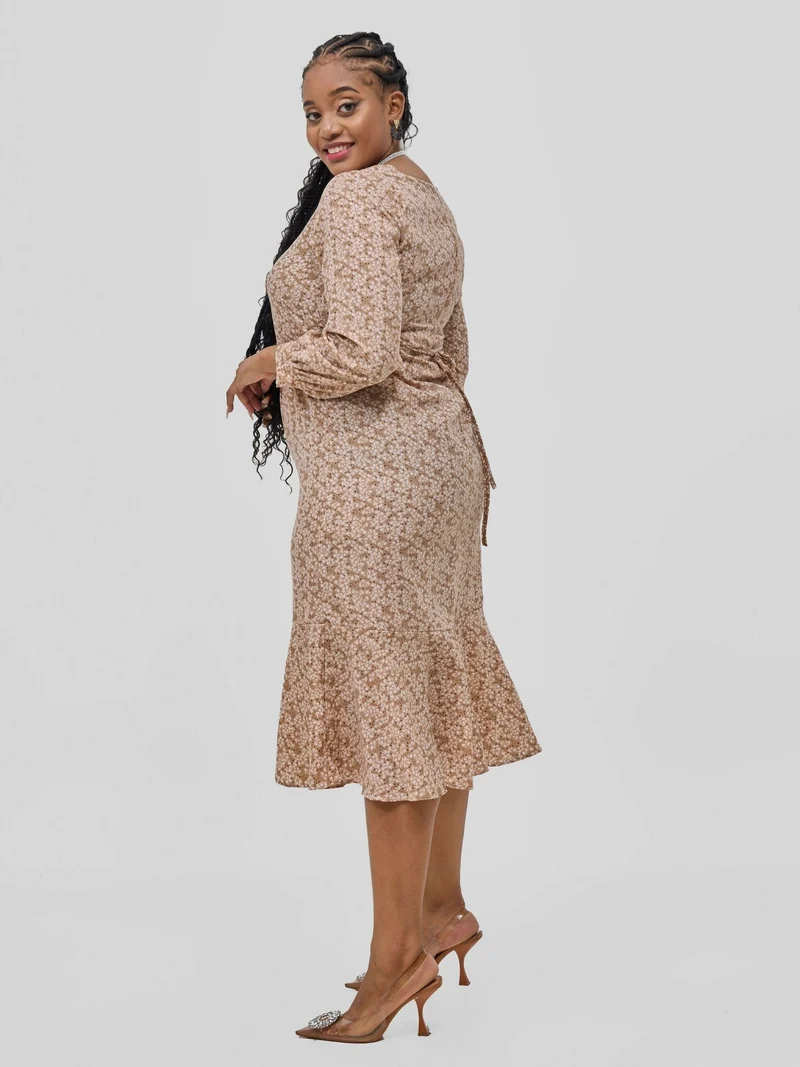 Hessed Square Neck Long Sleeves Floral Print Fit & Flare Dress - Brown