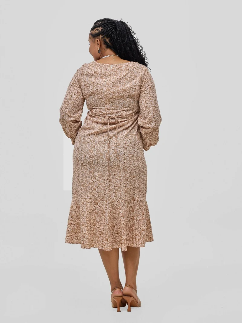 Hessed Square Neck Long Sleeves Floral Print Fit & Flare Dress - Brown
