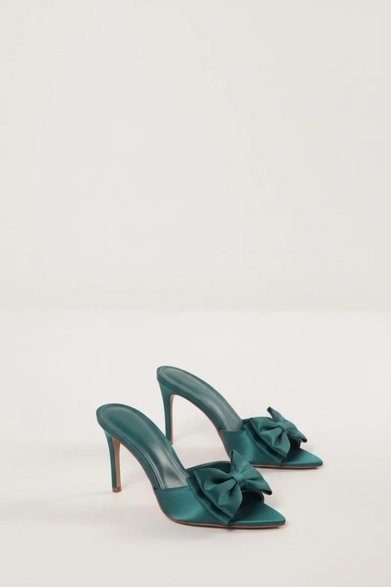 Stylish Sisters Satin Bow Stiletto Mules - Emerald Green