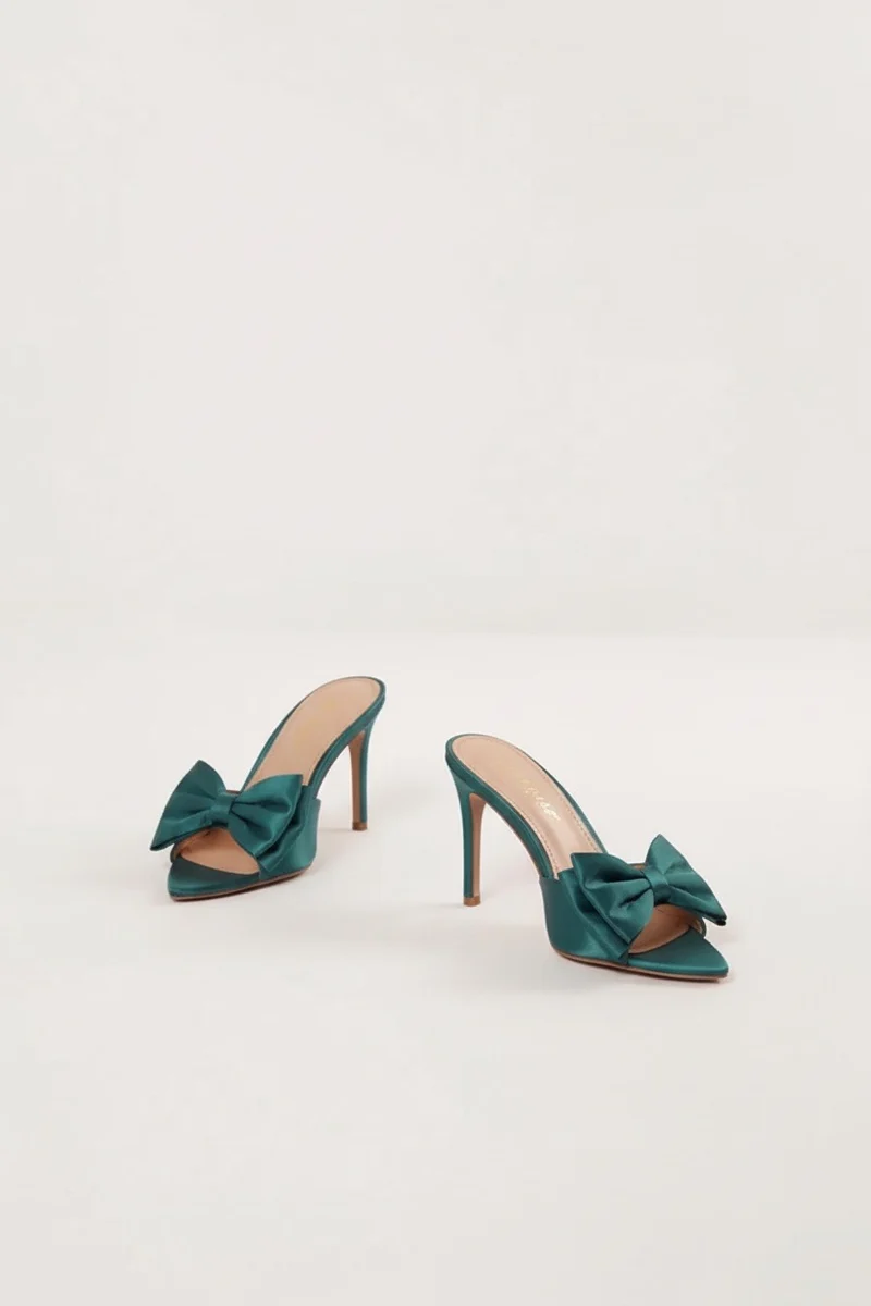 Stylish Sisters Satin Bow Stiletto Mules - Emerald Green
