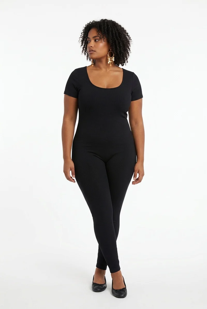 Stylish Sisters Ribbed Short Sleeve Jumpsuit - Black