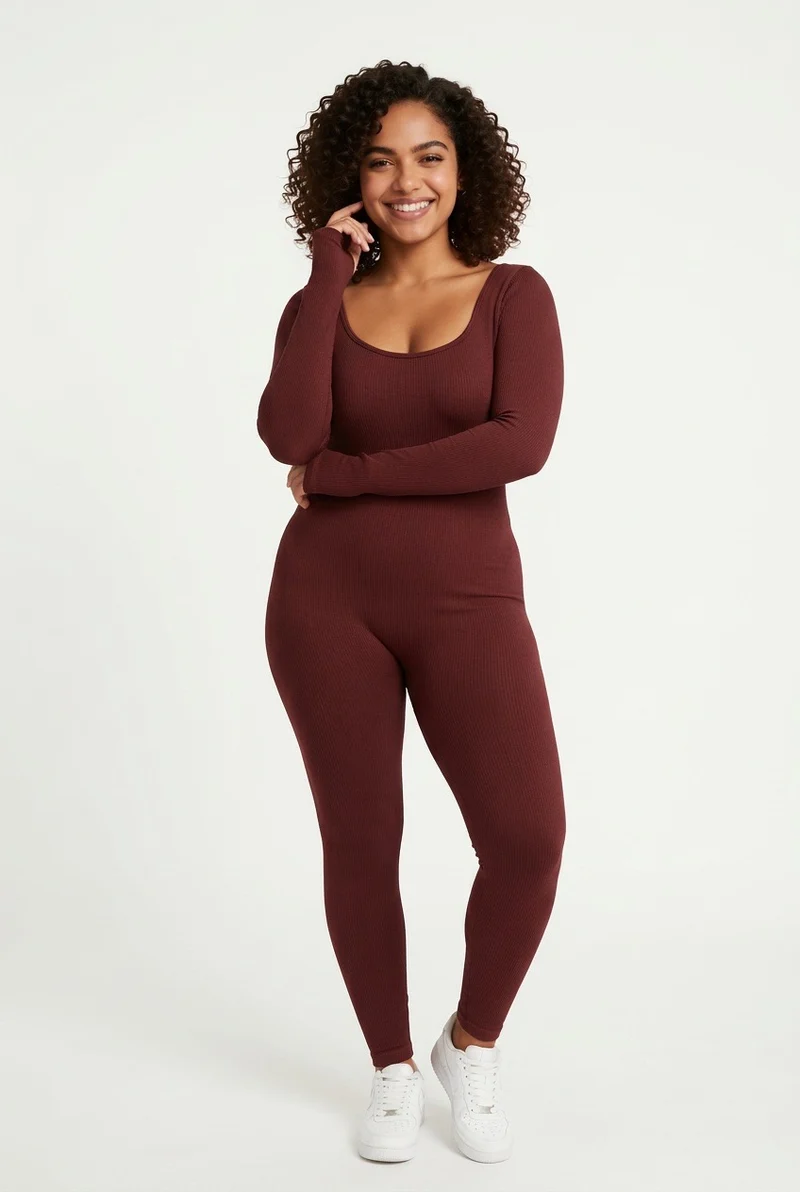 Stylish Sisters Ribbed Long Sleeve Jumpsuit - Brown