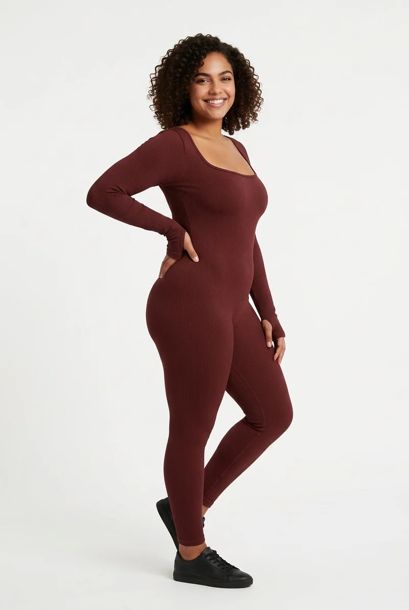 Stylish Sisters Ribbed Long Sleeve Jumpsuit - Brown