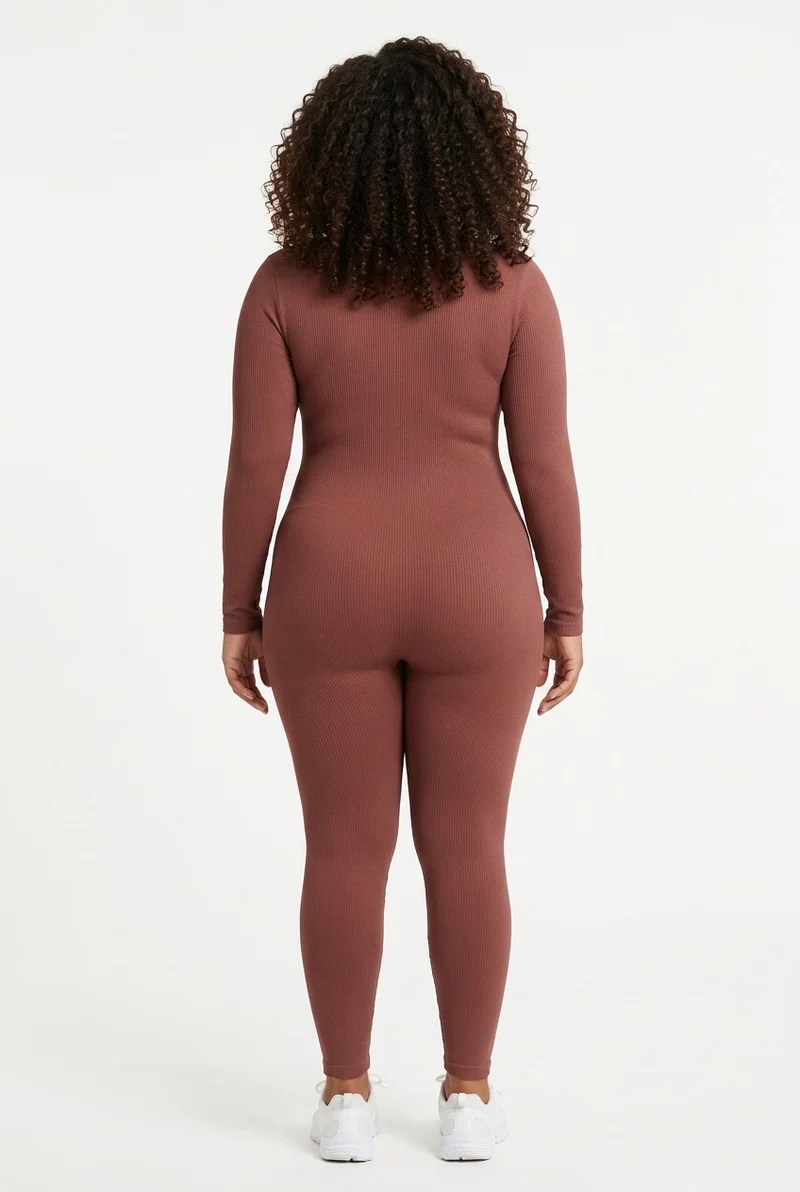 Stylish Sisters Ribbed Long Sleeve Jumpsuit - Brown