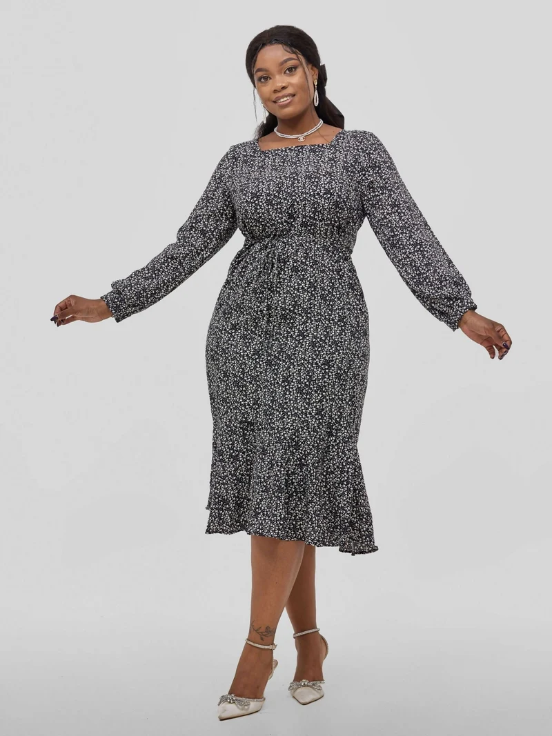Hessed Square Neck Long Sleeves Floral Print Fit & Flare Dress - Black