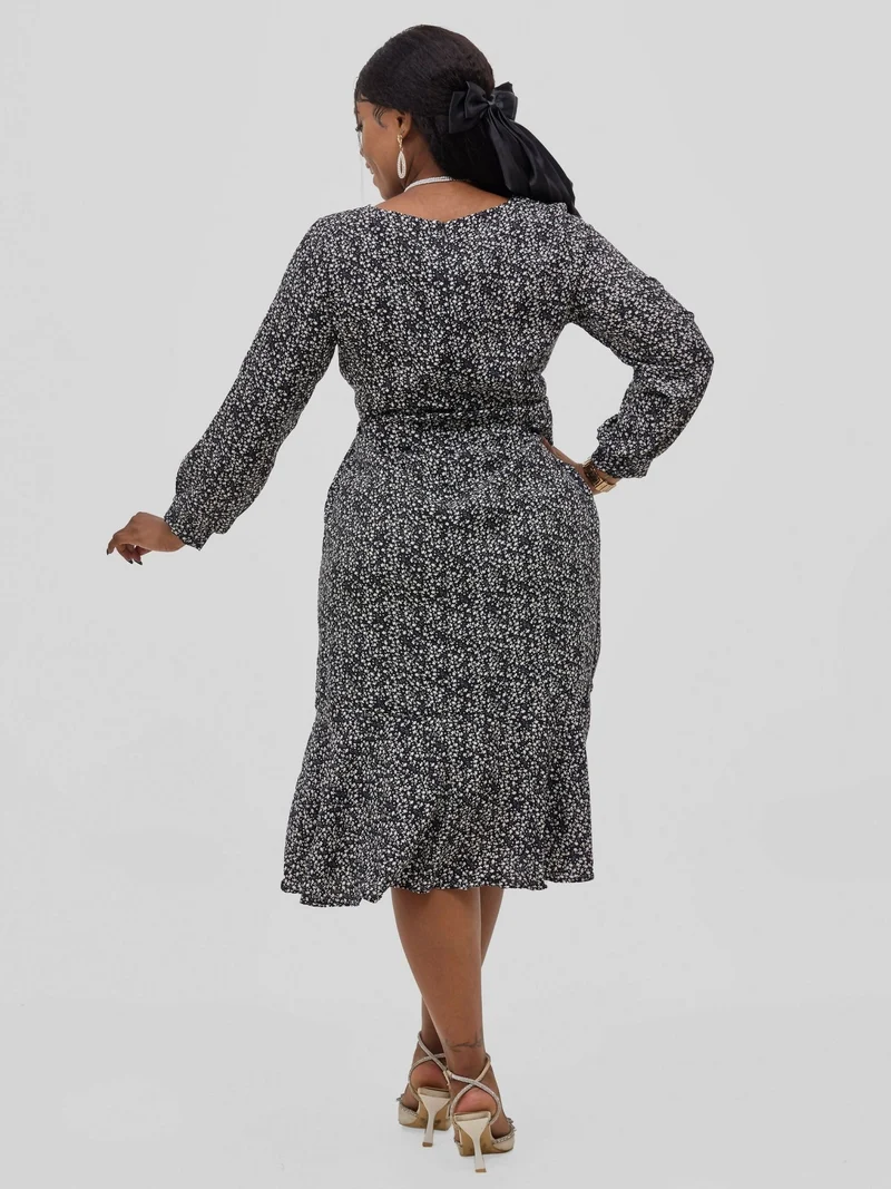 Hessed Square Neck Long Sleeves Floral Print Fit & Flare Dress - Black