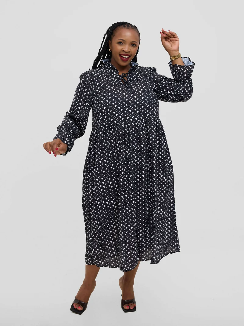 Hessed Polka Dot Ruffle Flare Sleeve Beled Chiffon Dress - Black