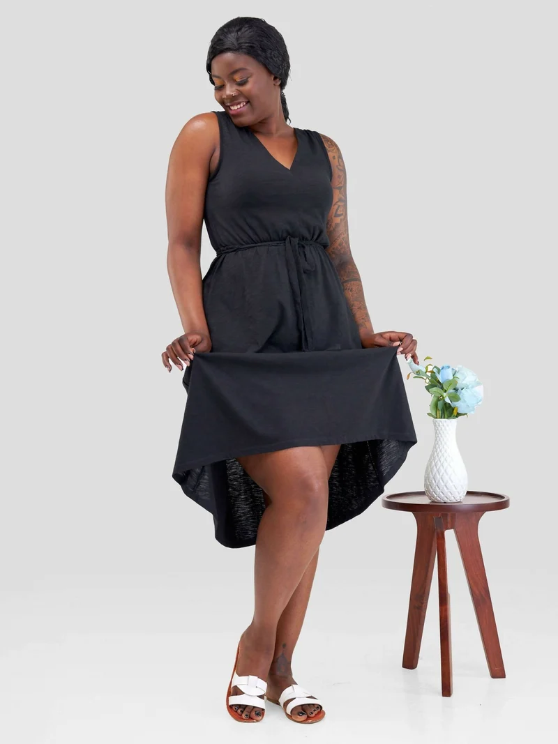 Hessed Midi Sleeveless V-Neck Dress - Black