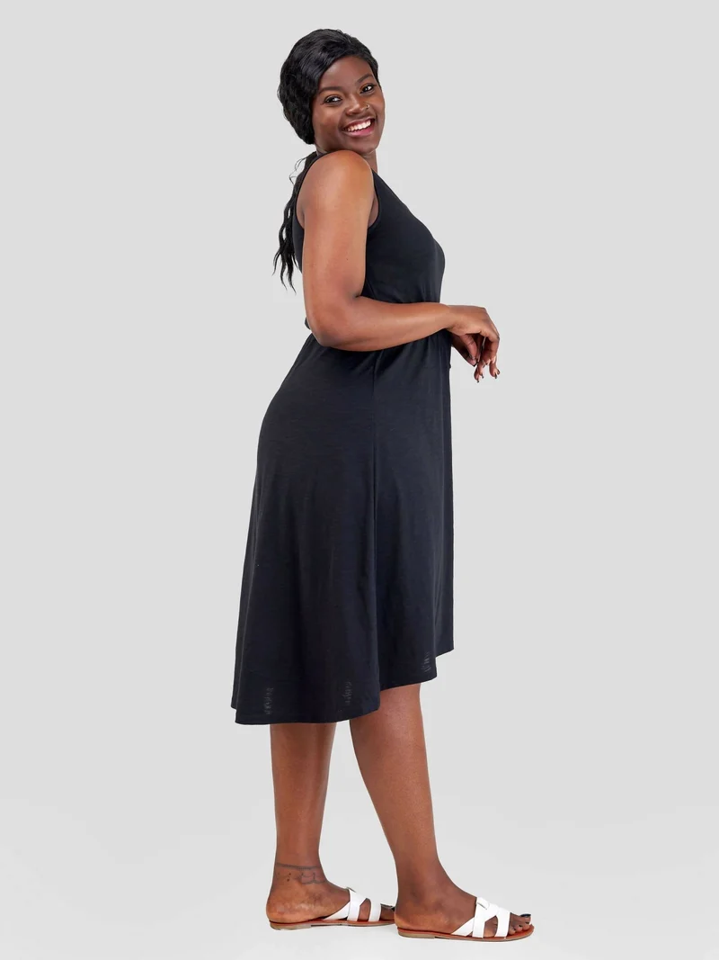 Hessed Midi Sleeveless V-Neck Dress - Black