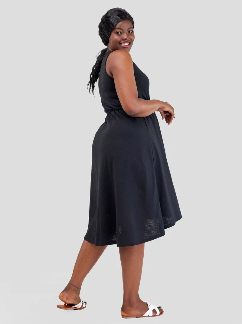 Hessed Midi Sleeveless V-Neck Dress - Black