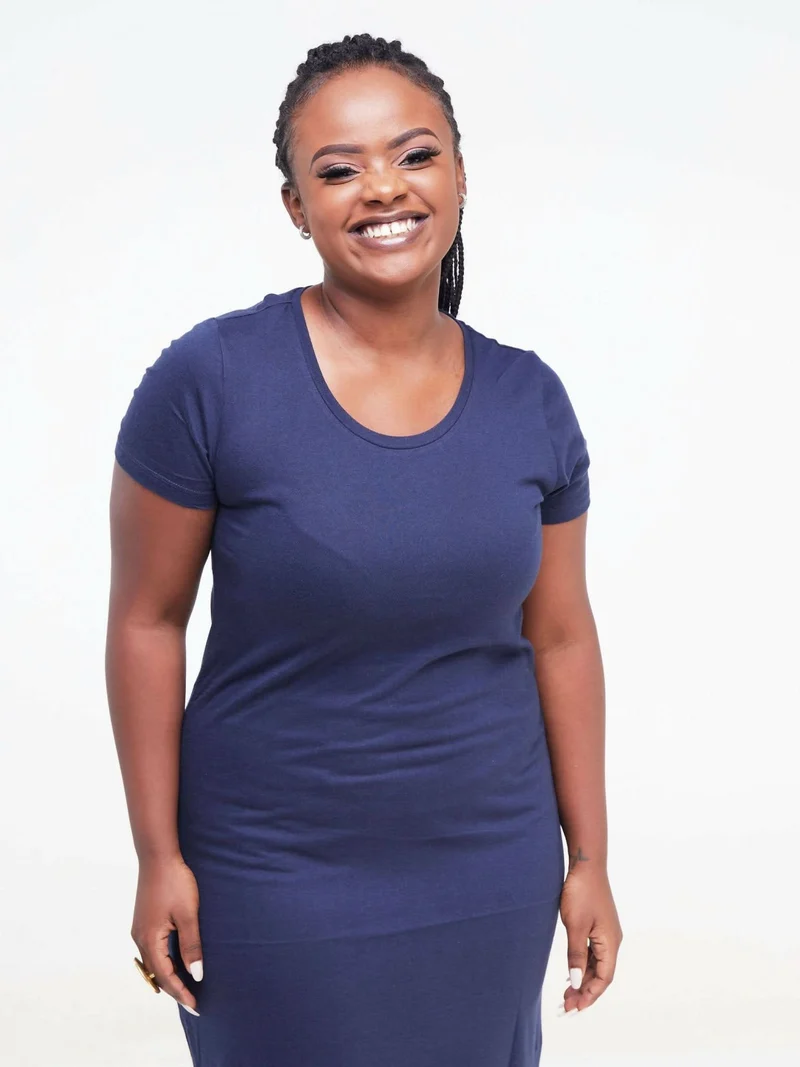 Hessed Sleeved Midi Plain Dress - Navy blue