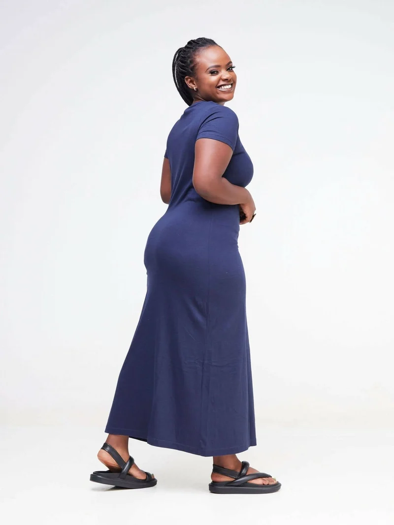 Hessed Sleeved Midi Plain Dress - Navy blue