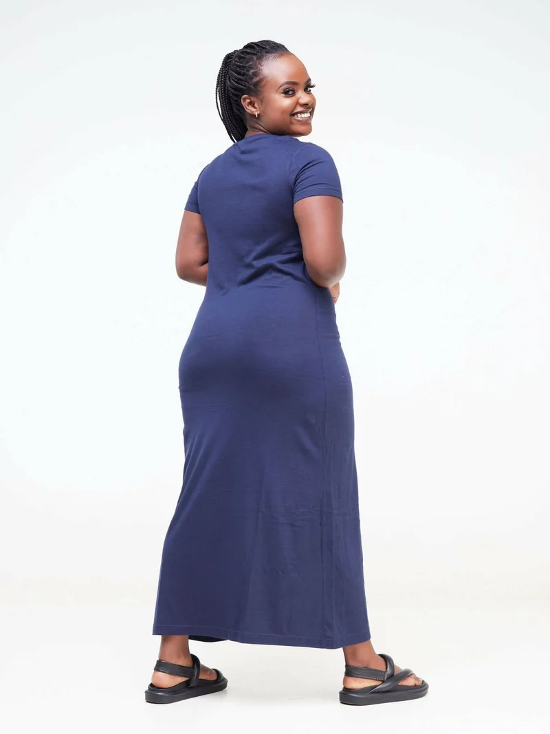 Hessed Sleeved Midi Plain Dress - Navy blue