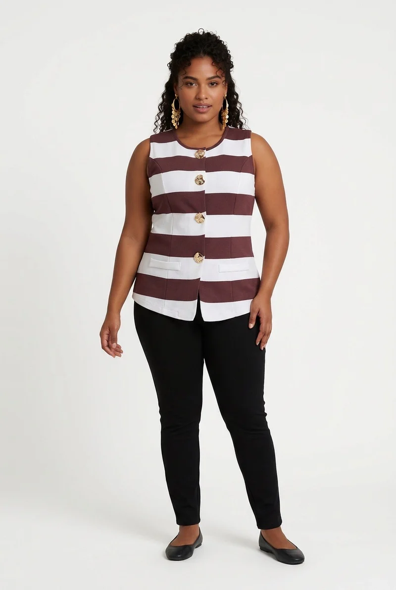 Stylish Sisters Fashion Sleeveless Striped Button-Down Vest - Brown & White