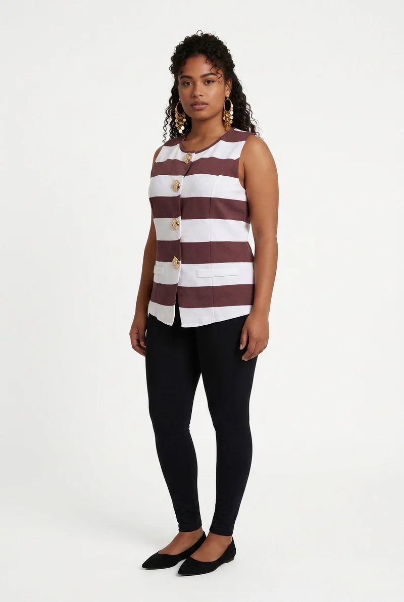 Stylish Sisters Fashion Sleeveless Striped Button-Down Vest - Brown & White