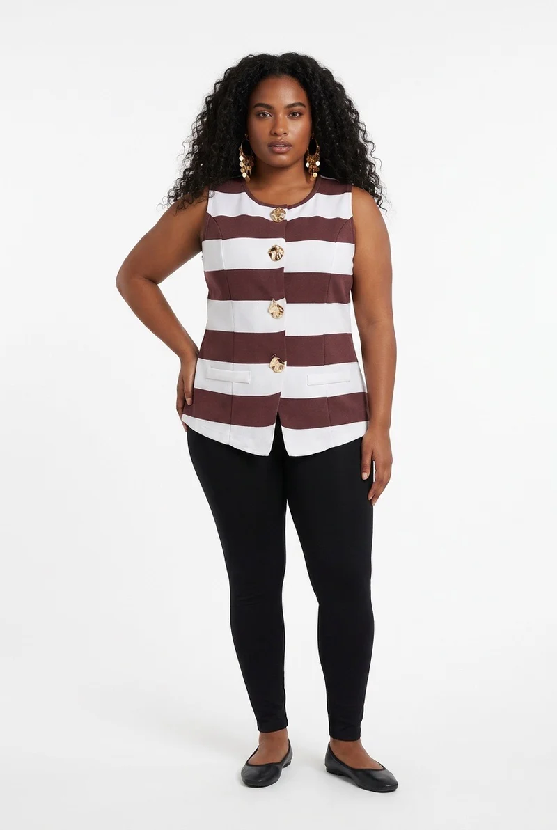 Stylish Sisters Fashion Sleeveless Striped Button-Down Vest - Brown & White