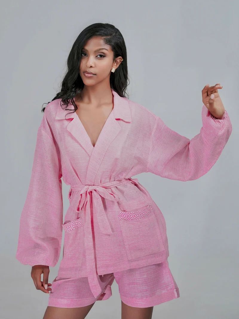 Misstcal Habesha Cotton Shirt And Shorts With Collar - Light Pink
