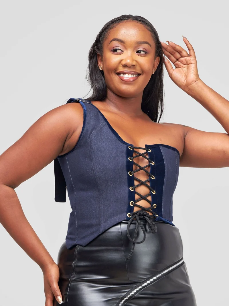 Misstcal Denim Vest Boning Laceup With Blue Velvet Borders Corset Top - Navy Blue