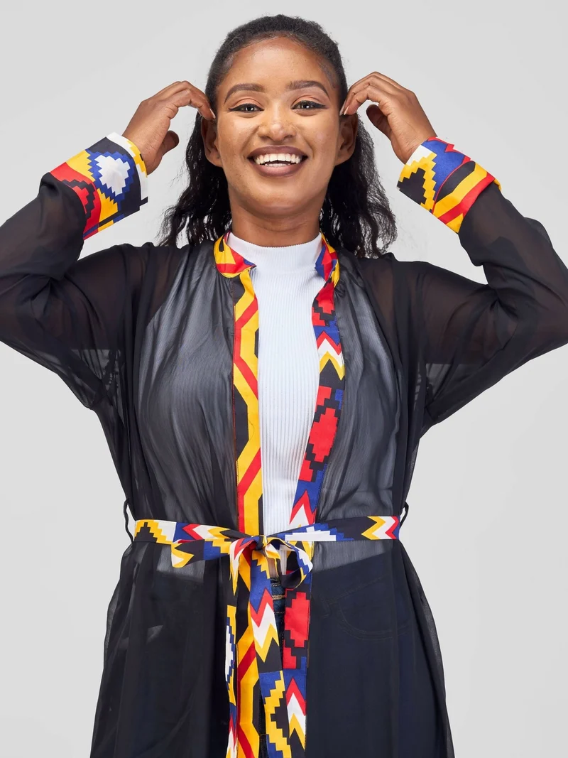 Misstcal Chiffon Border Beltcentre Ankara Print Kimono - Black
