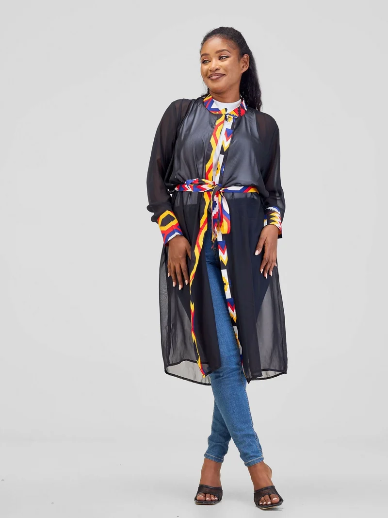 Misstcal Chiffon Border Beltcentre Ankara Print Kimono - Black