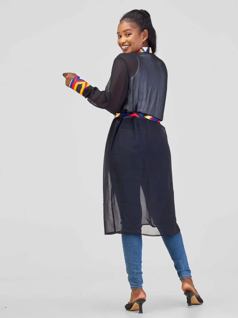 Misstcal Chiffon Border Beltcentre Ankara Print Kimono - Black