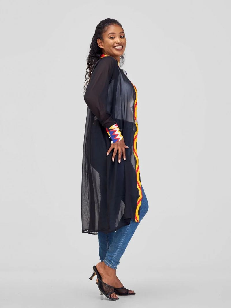 Misstcal Chiffon Border Beltcentre Ankara Print Kimono - Black