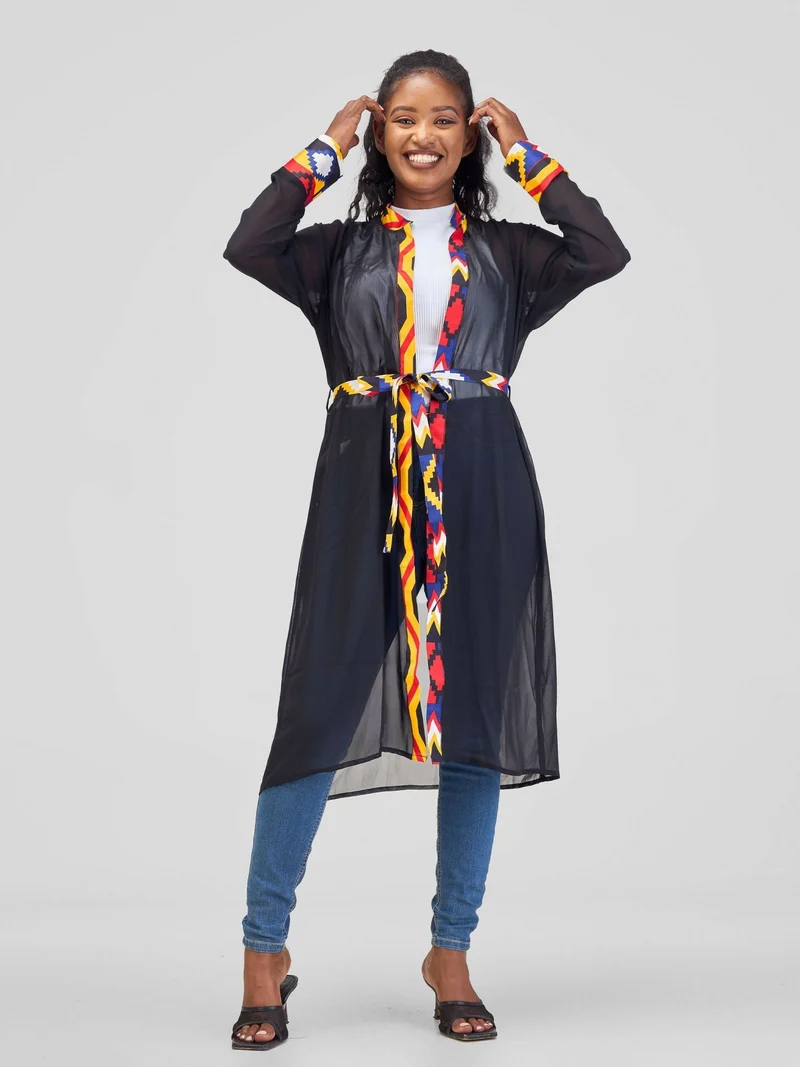Misstcal Chiffon Border Beltcentre Ankara Print Kimono - Black