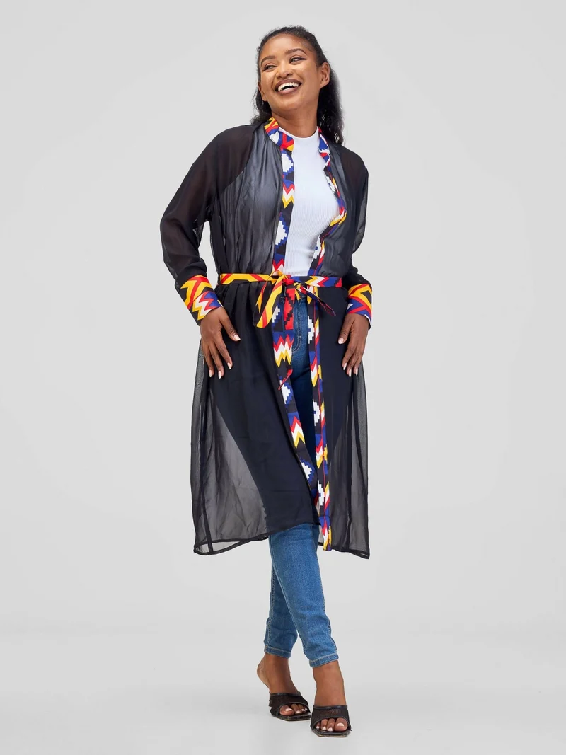 Misstcal Chiffon Border Beltcentre Ankara Print Kimono - Black